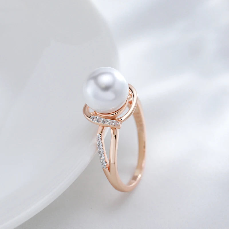 585 Rose Gold Hot Fashion Geometry Pearl Ring for Women