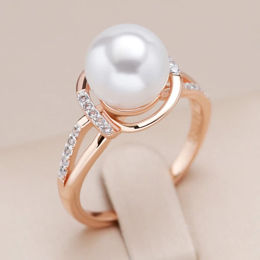 585 Rose Gold Hot Fashion Geometry Pearl Ring for Women