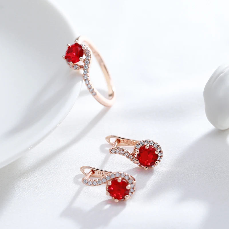 585 Rose Gold Earrings with Round Red Natural Zircon