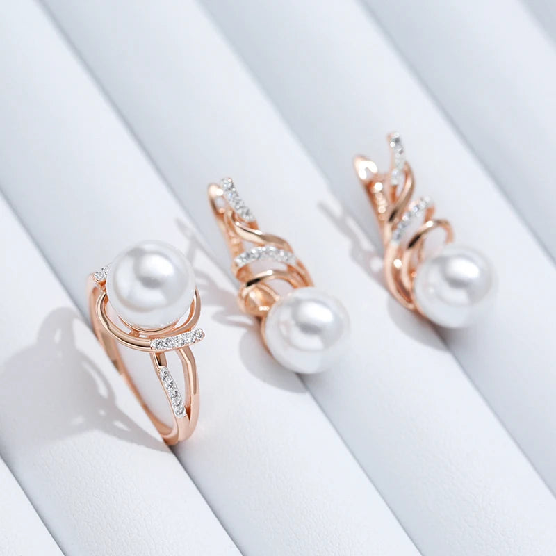 585 Rose Gold Hot Fashion Geometry Pearl Ring for Women