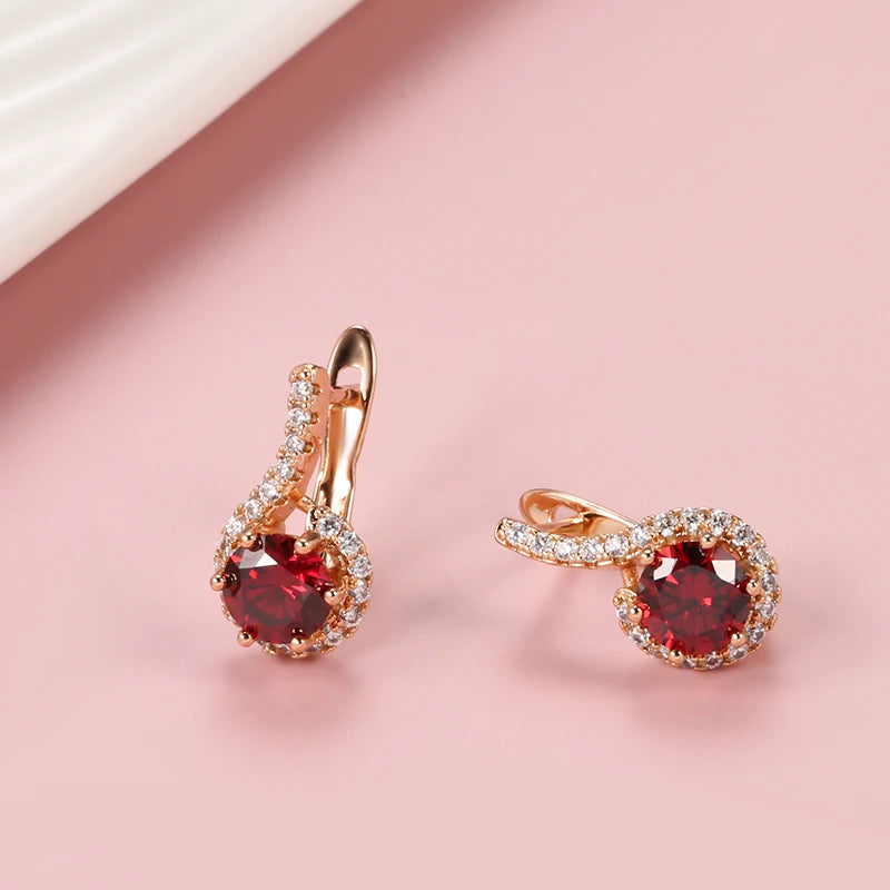 585 Rose Gold Earrings with Round Red Natural Zircon