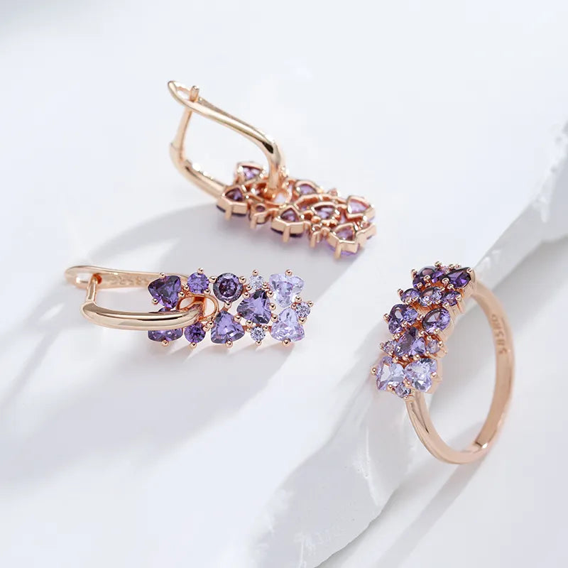 585 Rose Gold Purple Natural Zircon Bride Wedding Rings