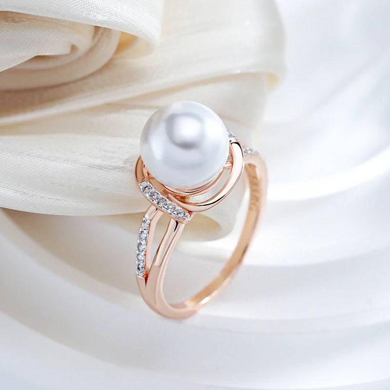 585 Rose Gold Hot Fashion Geometry Pearl Ring for Women