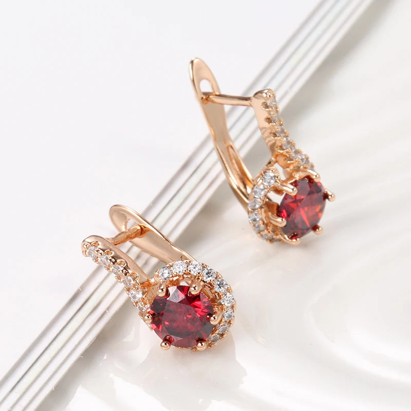 585 Rose Gold Earrings with Round Red Natural Zircon